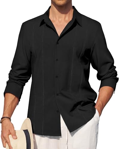 Mens Cuban Guayabera Shirt Button Down Long Sleeve Summer Beach