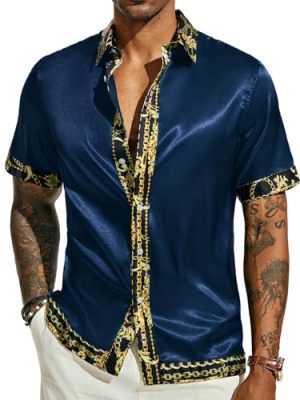 Mens Short Sleeve Button Down Shirts Casual Stretch Satin Silk Hawaiian Beach Shirt