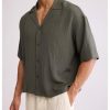 Men's Oversized Cropped Button Down Shirts Casual Short Sleeve Solid Loose Shirts