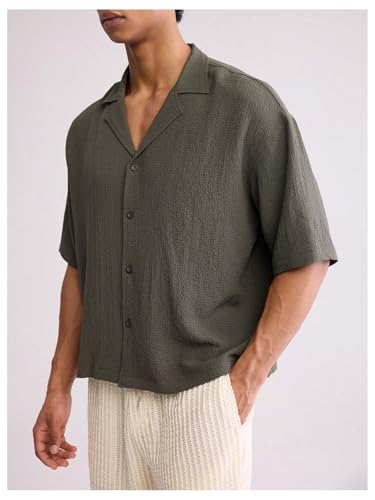 Men's Oversized Cropped Button Down Shirts Casual Short Sleeve Solid Loose Shirts