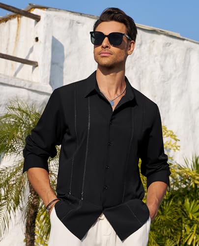Mens Cuban Guayabera Shirt Button Down Long Sleeve Summer Beach
