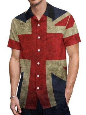 Vintage British Flag Button Down Shirt Men Short Sleeve T Shirts Casual Tee Summer Top