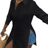 Women's Collar V Neck Button Front Long Sleeve Slit Hem Long Shirt Blouse Top
