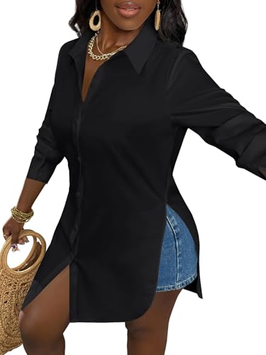 Women's Collar V Neck Button Front Long Sleeve Slit Hem Long Shirt Blouse Top