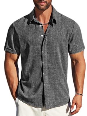 Men's Linen Shirts Short Sleeve Button Down Casual Shirt Business Dress Clothing Beach Fashion Summer Tops