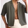 Men's Oversized Cropped Button Down Shirts Casual Short Sleeve Solid Loose Shirts