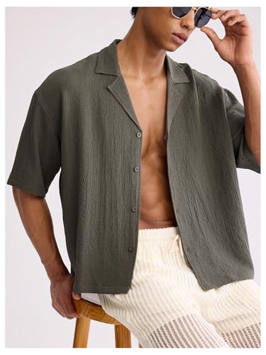 Men's Oversized Cropped Button Down Shirts Casual Short Sleeve Solid Loose Shirts