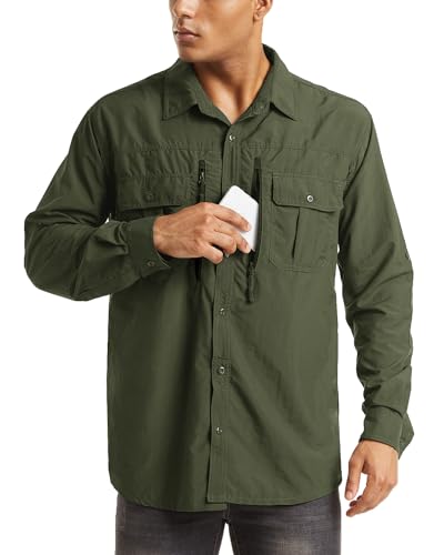 Men's UPF 50+ Sun Protection Shirts, Button Down Long Sleeve Shirt for Hiking, Fishing, Safari