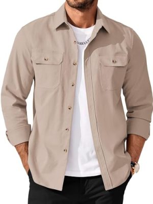 Mens Shirt Jacket Casual Button Up Shirts Long Sleeve Lightweight Shacket with Flap Pockets