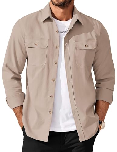 Mens Shirt Jacket Casual Button Up Shirts Long Sleeve Lightweight Shacket with Flap Pockets