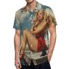 Pinup Girl with Fishing Pole Mens Shirts Short Sleeve Button Down Beach Shirts with Pockets