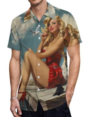 Pinup Girl with Fishing Pole Mens Shirts Short Sleeve Button Down Beach Shirts with Pockets