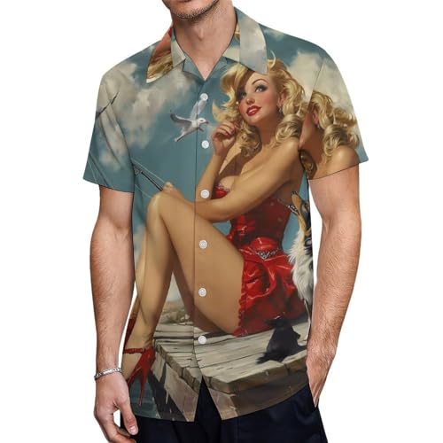 Pinup Girl with Fishing Pole Mens Shirts Short Sleeve Button Down Beach Shirts with Pockets