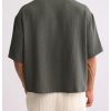 Men's Oversized Cropped Button Down Shirts Casual Short Sleeve Solid Loose Shirts
