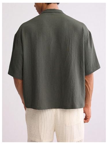 Men's Oversized Cropped Button Down Shirts Casual Short Sleeve Solid Loose Shirts