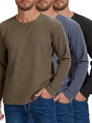 3 Pack Mens Waffle Shirts Long Sleeve Shirt Regular Fit Casual T-Shirt Crewneck Lightweight Pullover Top