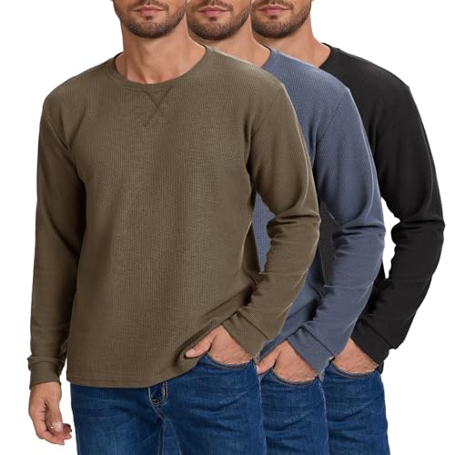 3 Pack Mens Waffle Shirts Long Sleeve Shirt Regular Fit Casual T-Shirt Crewneck Lightweight Pullover Top