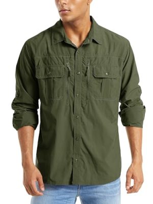 Men's UPF 50+ Sun Protection Shirts, Button Down Long Sleeve Shirt for Hiking, Fishing, Safari