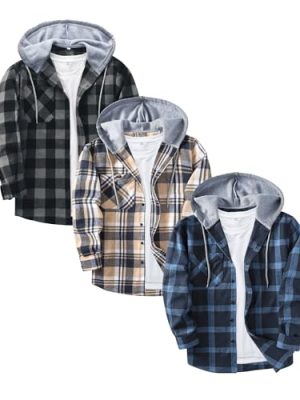 3 Pack Men's Flannel Hoodie Shirts Long Sleeve Casual Vintage Button Down Plaid Shirt Jacket with Pocket