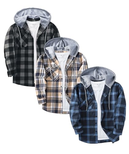 3 Pack Men's Flannel Hoodie Shirts Long Sleeve Casual Vintage Button Down Plaid Shirt Jacket with Pocket