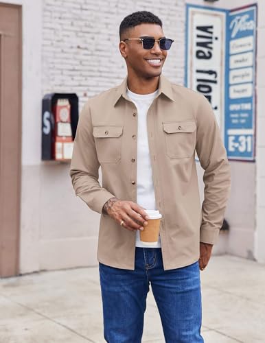 Mens Shirt Jacket Casual Button Up Shirts Long Sleeve Lightweight Shacket with Flap Pockets