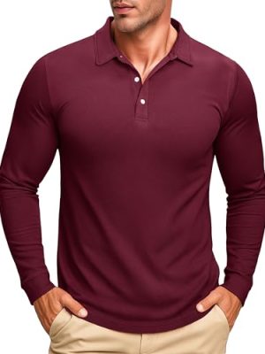 Men's Polo Shirt Long Sleeve Golf Shirts Quick Dry Lightweight 3-Button Performance Work Fishing Athletic
