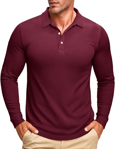 Men's Polo Shirt Long Sleeve Golf Shirts Quick Dry Lightweight 3-Button Performance Work Fishing Athletic