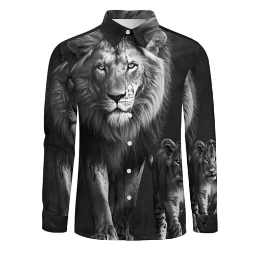Black and White Animal Lion Men's Dress Shirts Long Sleeve Golf Shirts Casual Button Down T-Shirt for Athletic Business