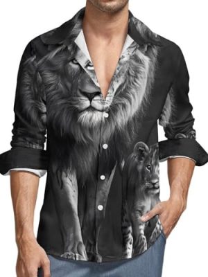 Black and White Animal Lion Men's Dress Shirts Long Sleeve Golf Shirts Casual Button Down T-Shirt for Athletic Business