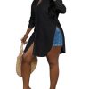 Women's Collar V Neck Button Front Long Sleeve Slit Hem Long Shirt Blouse Top