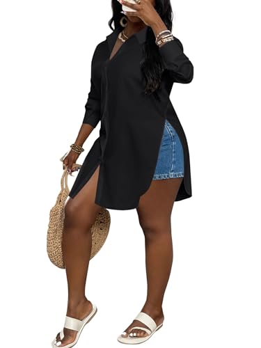 Women's Collar V Neck Button Front Long Sleeve Slit Hem Long Shirt Blouse Top