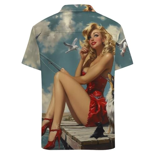 Pinup Girl with Fishing Pole Mens Shirts Short Sleeve Button Down Beach Shirts with Pockets