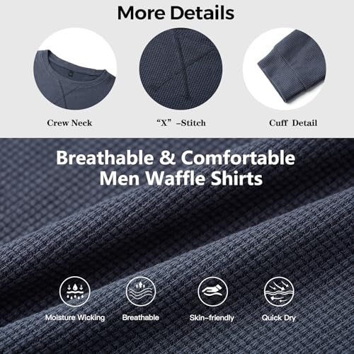 3 Pack Mens Waffle Shirts Long Sleeve Shirt Regular Fit Casual T-Shirt Crewneck Lightweight Pullover Top
