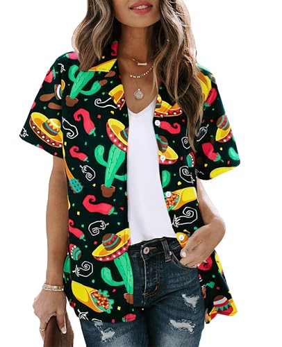 Cinco De Mayo Shirt Women Mexico Mexican Party Hawaiian Shirt Funny Button Down Shirt Short Sleeve Button Up Blouse Tops