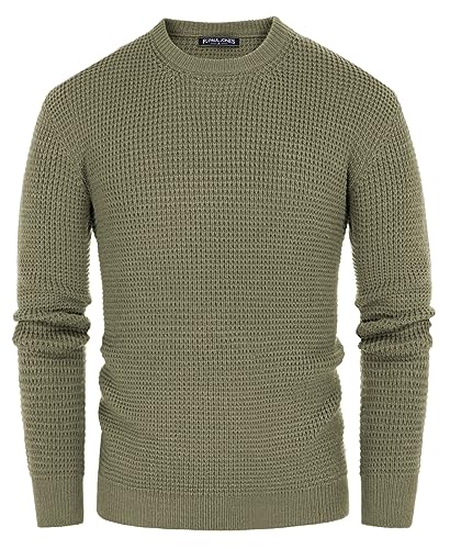 Mens Crewneck Pullover Sweater Waffle Textured Long Sleeve Knitted Sweaters