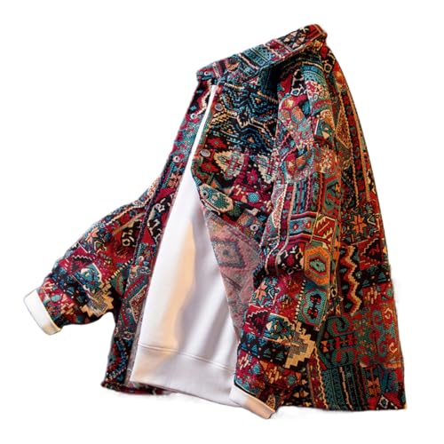 Aztec Shacket Fall Jacket Brocade Jacquard Ethnic Plaid Print Button Down Shirt Casual Spring mid-Weight Coat