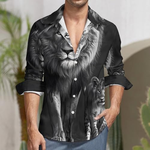 Black and White Animal Lion Men's Dress Shirts Long Sleeve Golf Shirts Casual Button Down T-Shirt for Athletic Business