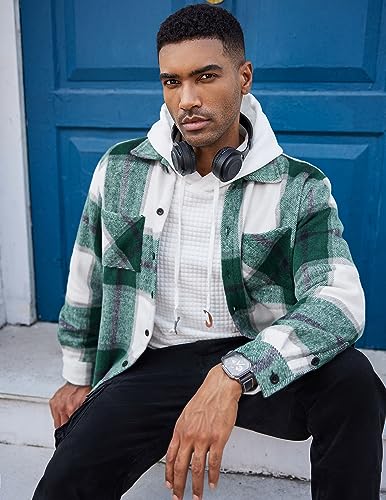 Men's Flannel Shirts Casual Button Down Plaid Shirt Jacket Long Sleeve Fleece Shacket with Pockets