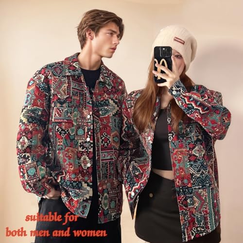 Aztec Shacket Fall Jacket Brocade Jacquard Ethnic Plaid Print Button Down Shirt Casual Spring mid-Weight Coat