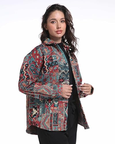 Aztec Shacket Fall Jacket Brocade Jacquard Ethnic Plaid Print Button Down Shirt Casual Spring mid-Weight Coat