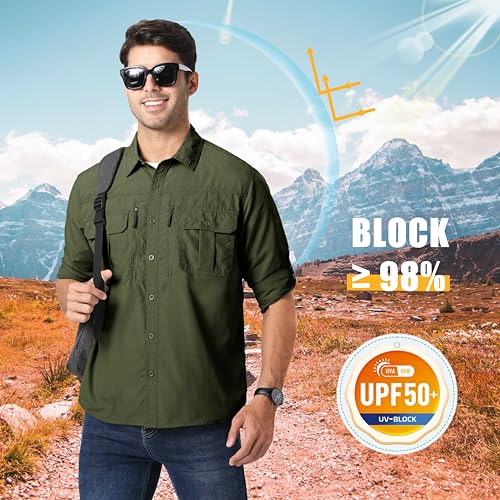 Men's UPF 50+ Sun Protection Shirts, Button Down Long Sleeve Shirt for Hiking, Fishing, Safari