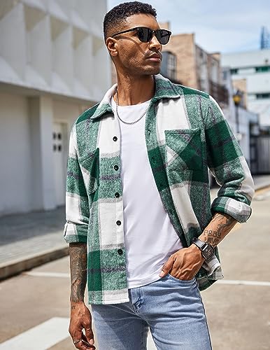 Men's Flannel Shirts Casual Button Down Plaid Shirt Jacket Long Sleeve Fleece Shacket with Pockets