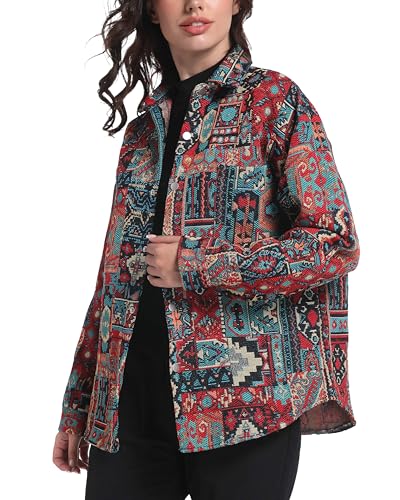 Aztec Shacket Fall Jacket Brocade Jacquard Ethnic Plaid Print Button Down Shirt Casual Spring mid-Weight Coat