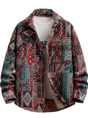 Aztec Shacket Fall Jacket Brocade Jacquard Ethnic Plaid Print Button Down Shirt Casual Spring mid-Weight Coat