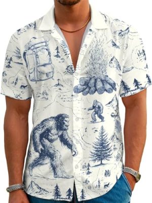 Funny Animal Print Hawaiian Shirt Camping Button Down Retro Outdoor Camping Party Short Sleeve Cyan