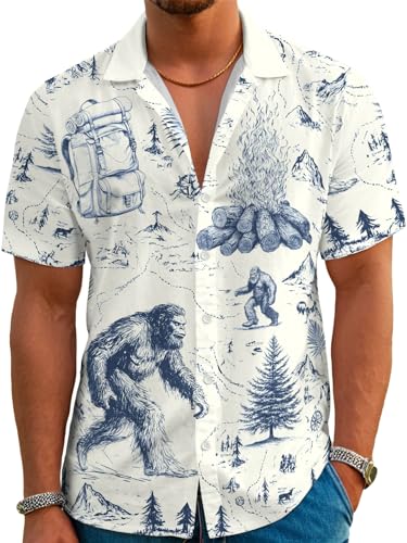 Funny Animal Print Hawaiian Shirt Camping Button Down Retro Outdoor Camping Party Short Sleeve Cyan