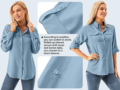 Womens UPF 50+ UV Sun Protection Safari Shirts Long Sleeve Outdoor Cool Quick Dry Fishing Hiking Gardening Shirts