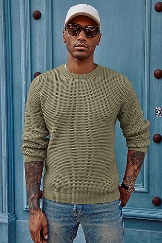 Mens Crewneck Pullover Sweater Waffle Textured Long Sleeve Knitted Sweaters