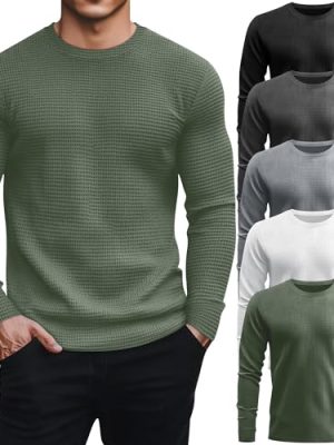 5 Pack Thermal Waffle Shirts for Men, Crew Neck Long Sleeve Casual Pullover Underwear Textured Knit Tops