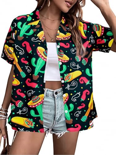 Cinco De Mayo Shirt Women Mexico Mexican Party Hawaiian Shirt Funny Button Down Shirt Short Sleeve Button Up Blouse Tops